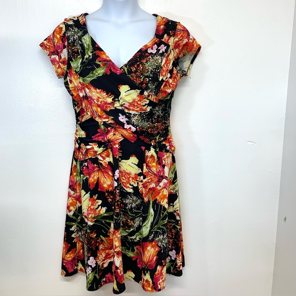 B Slim NY‎ Collection  Dress Large  Black Pink Floral Compression Lining Stretch
